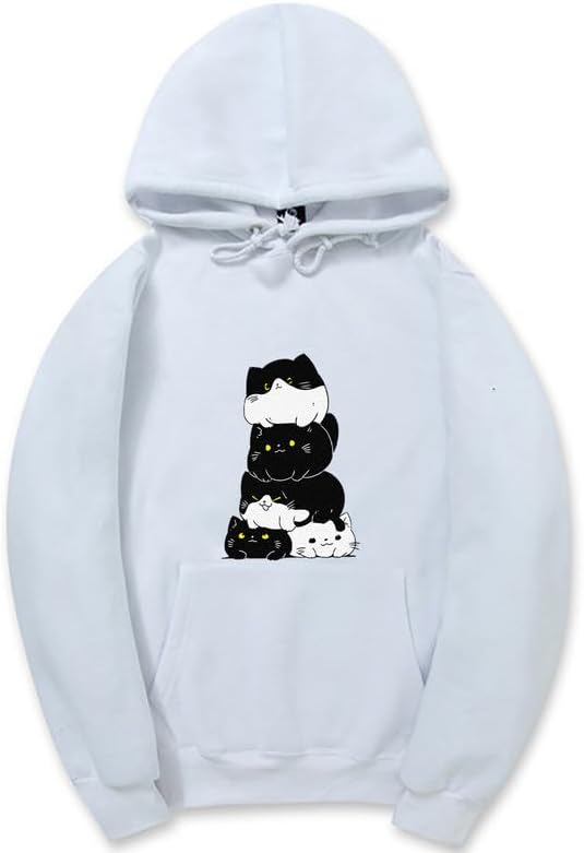 CORIRESHA Teen Cute Cat Long Sleeve Drawstring Kangaroo Pocket Simple Hoodie Sweatshirt