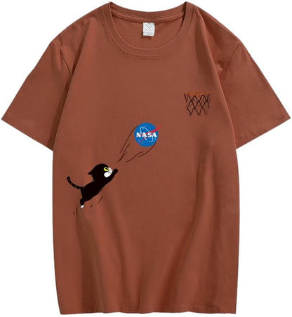 CORIRESHA Adolescente Lindo Gato Cuello Redondo Manga Corta Verano Casual Básico NASA Camiseta