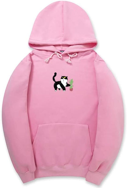 CORIRESHA Cat Lover's Cactus Sudadera con capucha casual de manga larga con cordón suave adolescente linda sudadera