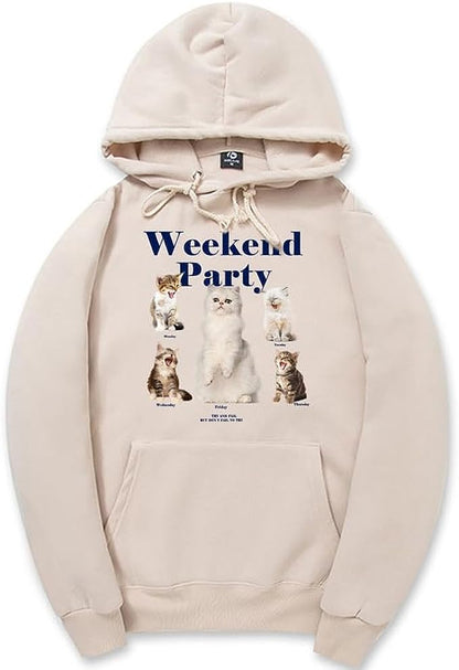 CORIRESHA Unisex Cat Lover Cute Hoodie Casual Long Sleeve Drawstring Basic Letter Sweatshirt