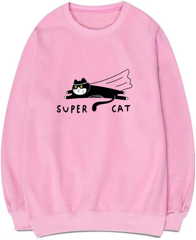 CORIRESHA Teen Funny Running Cat Crew Neck Long Sleeve Soft Cotton Cute Sweatshirt