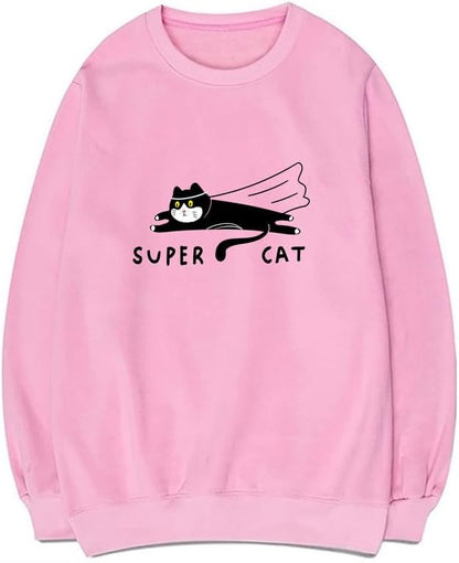 CORIRESHA Teen Funny Running Cat Crew Neck Long Sleeve Soft Cotton Cute Sweatshirt