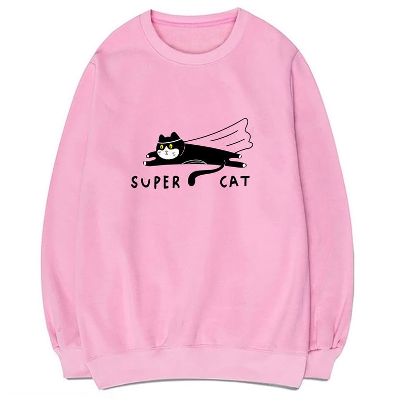 CORIRESHA Teen Funny Running Cat Crew Neck Long Sleeve Soft Cotton Cute Sweatshirt
