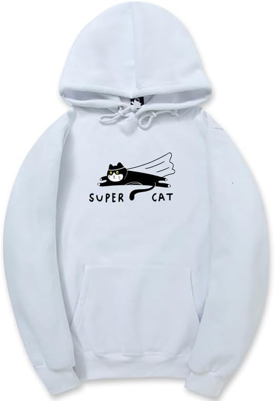 CORIRESHA Funny Running Cat Hoodie Long Sleeve Drawstring Kangaroo Pocket Letter Sweatshirt