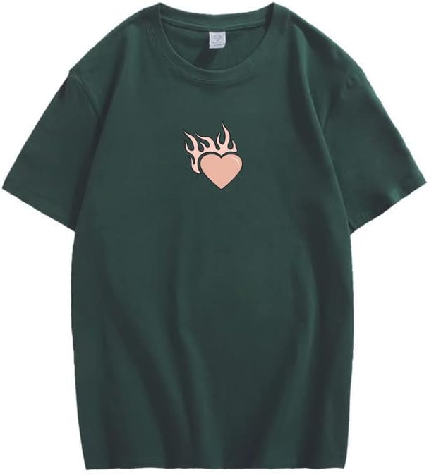 CORIRESHA Teen Cute Heart Flame Crewneck Short Sleeve Casual Cotton Valentine T-Shirt