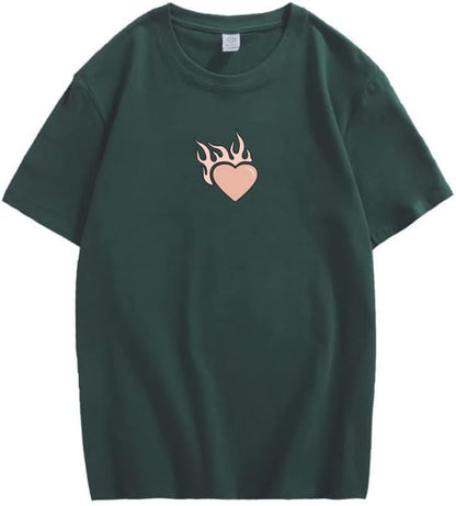 CORIRESHA Adolescente Lindo Corazón Llama Cuello Redondo Manga Corta Casual Algodón San Valentín Camiseta