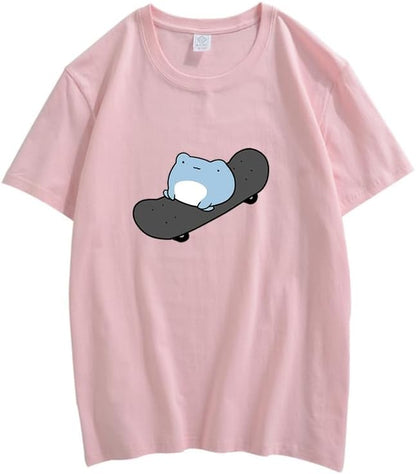 CORIRESHA Camiseta de skate de algodón de manga corta con cuello redondo y estampado de rana linda para adolescentes