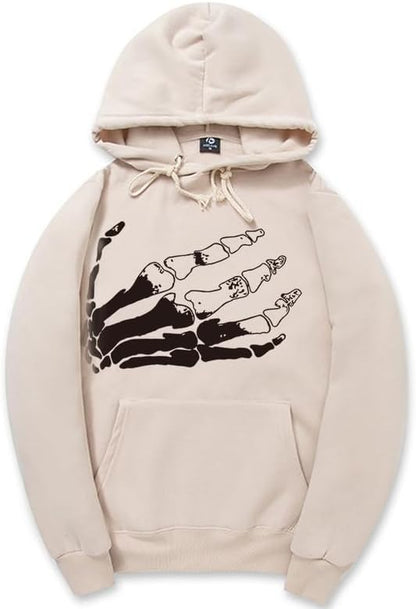 CORIRESHA Halloween Skeleton Palm Print Hoodie Casual Long Sleeve Drawstring Basic Unisex Sweatshirt
