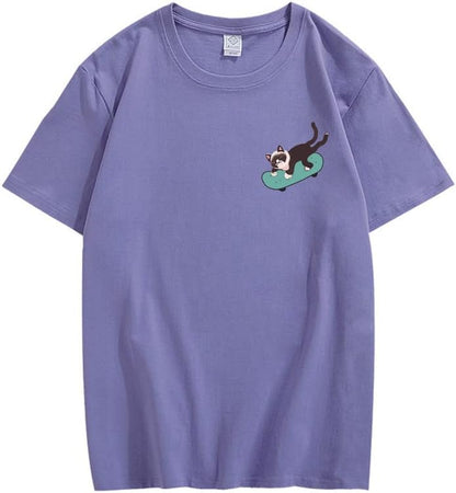 CORIRESHA Teen Kawaii Clothing Skateboard Cat Casual Crew Neck Soft Cotton T-Shirt