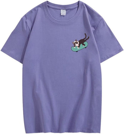 CORIRESHA Teen Kawaii Ropa Skateboard Cat Casual Cuello Redondo Camiseta de Algodón Suave