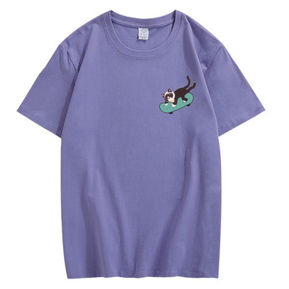 CORIRESHA Teen Kawaii Ropa Skateboard Cat Casual Cuello Redondo Camiseta de Algodón Suave