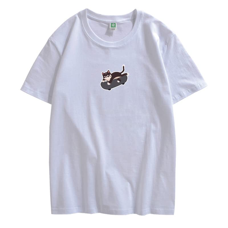 CORIRESHA Unisex Kawaii Clothing Crewneck Short Sleeves Cute Skateboard Cat Loose T-Shirt