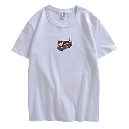 CORIRESHA Unisex Kawaii Ropa Cuello Redondo Manga Corta Lindo Monopatín Gato Camiseta Suelta