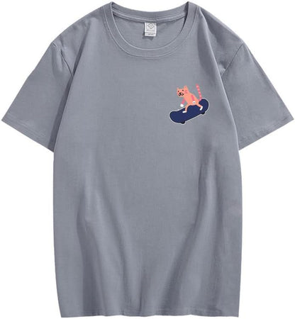 CORIRESHA Camiseta de algodón unisex básica con diseño de gato en monopatín para amantes de los animales