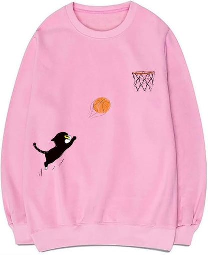 CORIRESHA Teen Cute Cat Basketball Crew Neck Long Sleeves Cozy Cotton Fall Sweatshirt