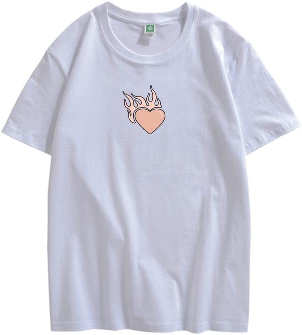 CORIRESHA Adolescente Lindo Corazón Llama Cuello Redondo Manga Corta Casual Algodón San Valentín Camiseta