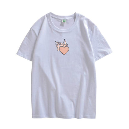 CORIRESHA Adolescente Lindo Corazón Llama Cuello Redondo Manga Corta Casual Algodón San Valentín Camiseta