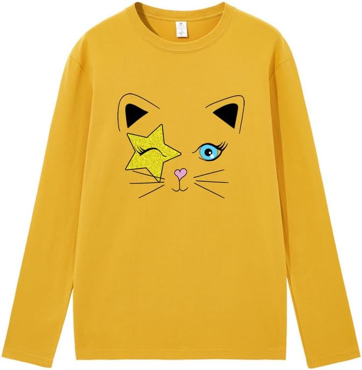 CORIRESHA Teen Y2k Star Graphic Crewneck Long Sleeve Cotton Cat Lover T-Shirt
