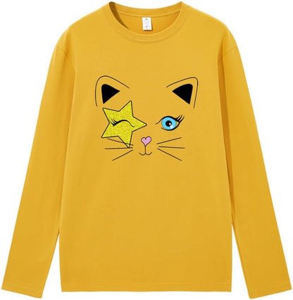 CORIRESHA Teen Y2k Star Graphic Crewneck Long Sleeve Cotton Cat Lover T-Shirt