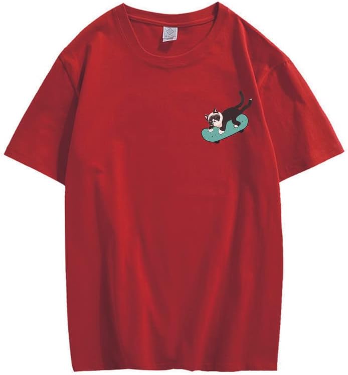 CORIRESHA Teen Kawaii Ropa Skateboard Cat Casual Cuello Redondo Camiseta de Algodón Suave