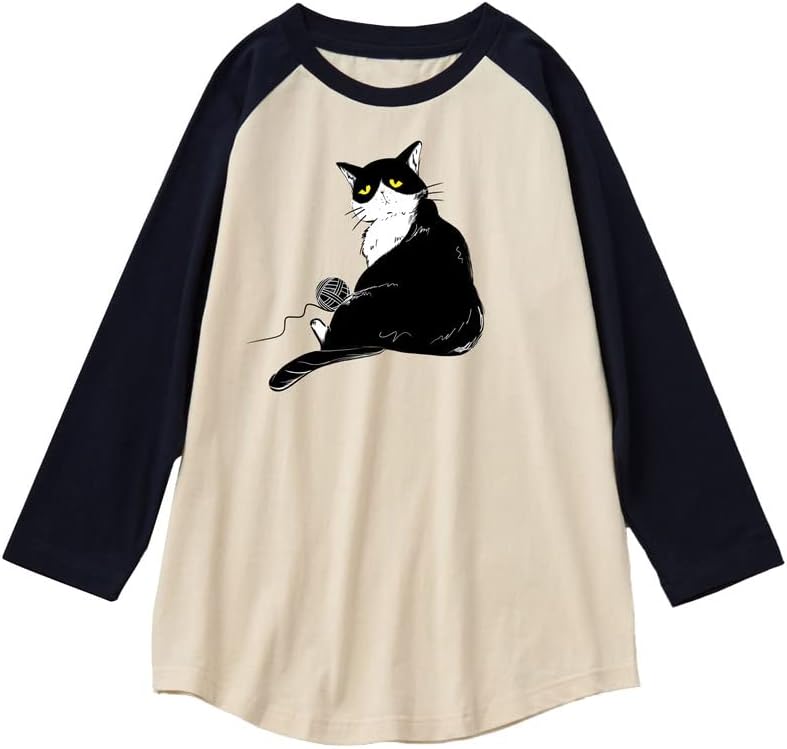 CORIRESHA Men's Cute Cat T-Shirt Raglan Sleeves Round Neck Curved Hem Casual Tops