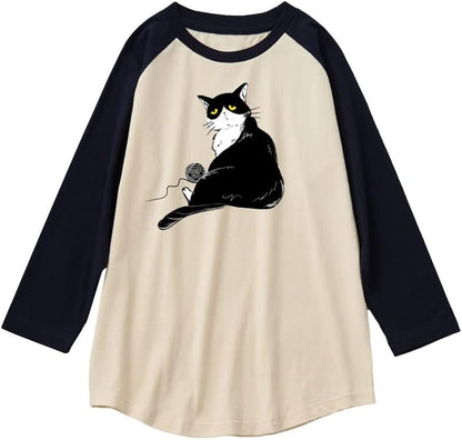 CORIRESHA Camiseta de gato lindo para hombre, mangas raglán, cuello redondo, dobladillo curvado, tops casuales