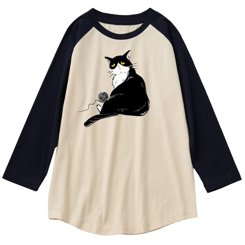 CORIRESHA Men's Cute Cat T-Shirt Raglan Sleeves Round Neck Curved Hem Casual Tops