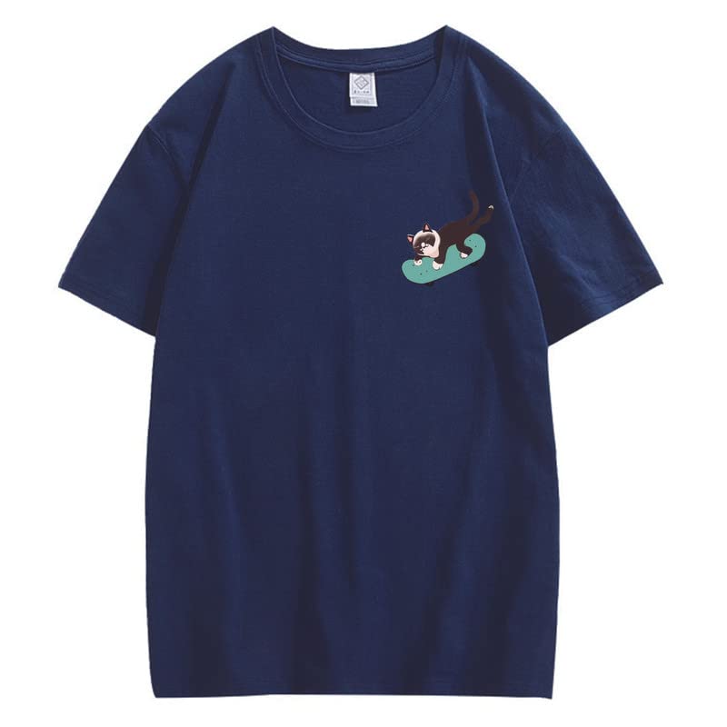 CORIRESHA Teen Kawaii Ropa Skateboard Cat Casual Cuello Redondo Camiseta de Algodón Suave