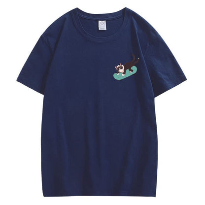 CORIRESHA Teen Kawaii Ropa Skateboard Cat Casual Cuello Redondo Camiseta de Algodón Suave
