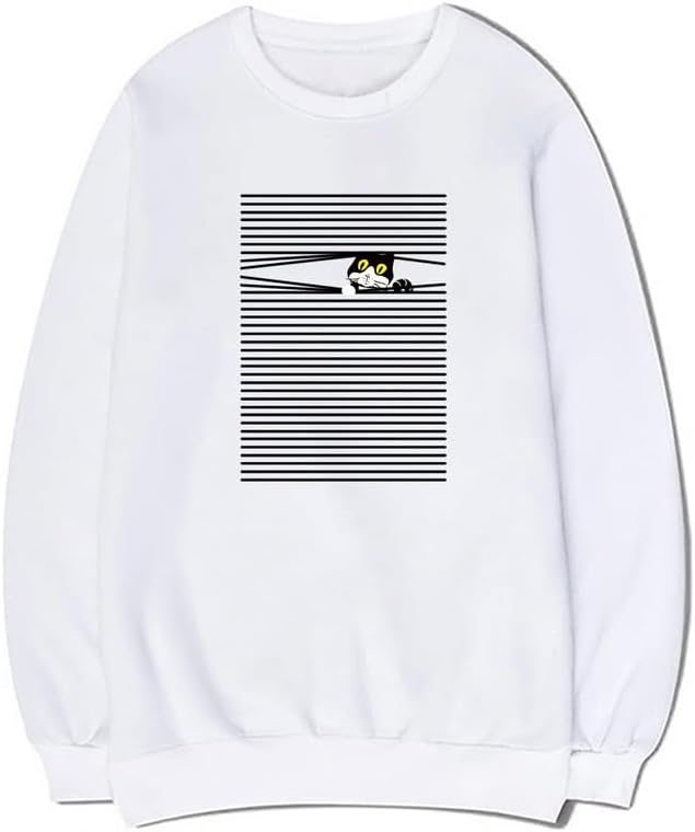 CORIRESHA Funny Cat Sweatshirt Crew Neck Long Sleeve Cotton Casual Striped Pullover