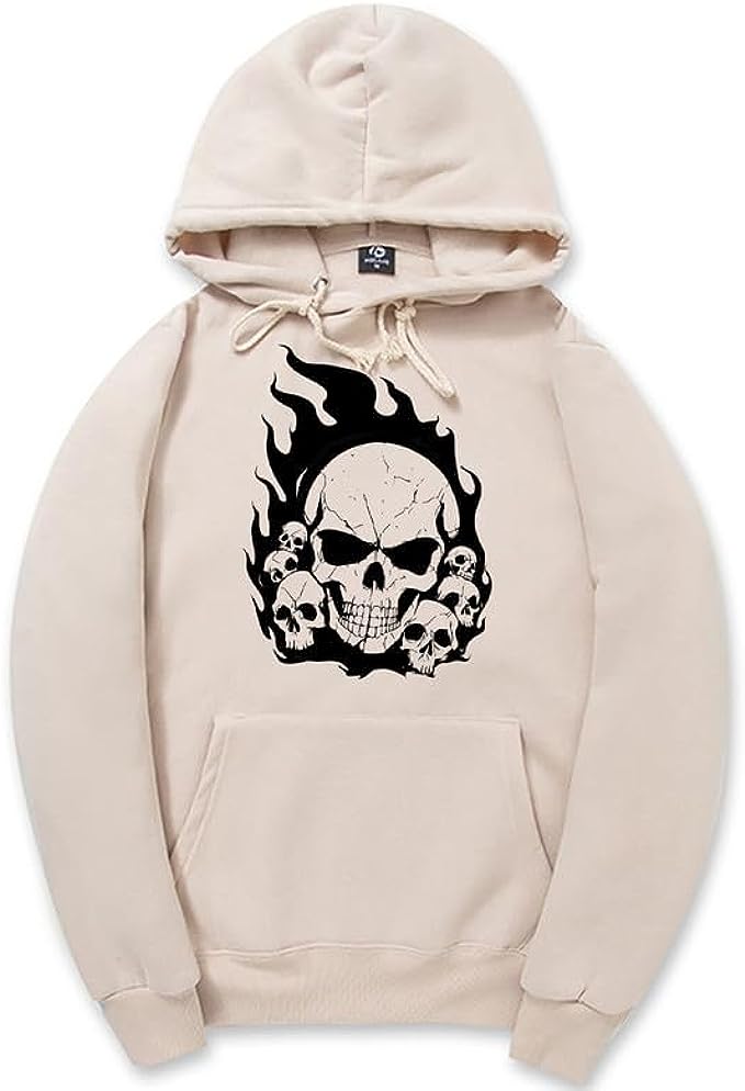 CORIRESHA Teen Halloween Skull Hoodie Long Sleeve Drawstring Y2K Aesthetic Flame Sweatshirt