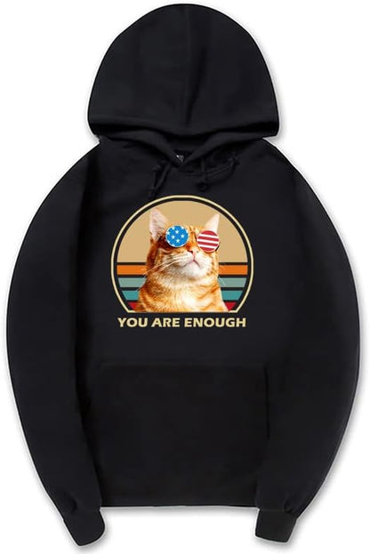 CORIRESHA You are Enough Teen Cute Hoodie Casual Long Sleeve Drawstring Cotton Cat Lovers Sweatshirts