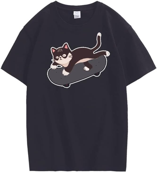 CORIRESHA Lindo monopatín gato gráfico cuello redondo manga corta acogedora camiseta adolescente