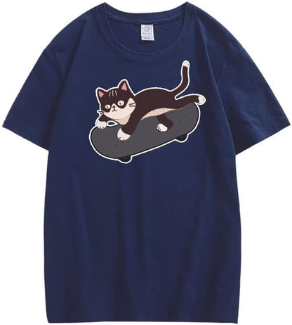 CORIRESHA Lindo monopatín gato gráfico cuello redondo manga corta acogedora camiseta adolescente