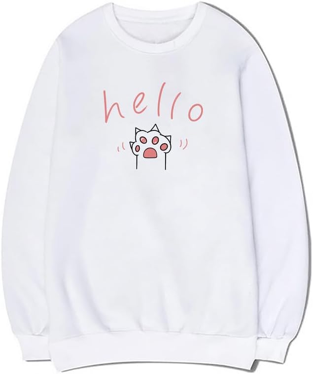 CORIRESHA Cat Paw Graphic Crewneck Long Sleeve Kawaii Cute Letter Sweatshirt