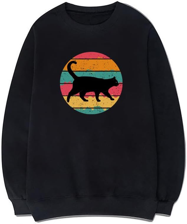 CORIRESHA Black Cat Sweatshirt Crew Neck Long Sleeve Vintage Striped Pullover