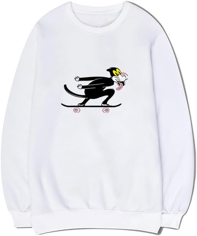 CORIRESHA Unisex Cute Cat Crewneck Long Sleeves Casual Cotton Skateboard Sweatshirts
