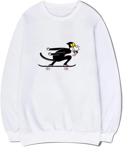 CORIRESHA Unisex Cute Cat Crewneck Long Sleeves Casual Cotton Skateboard Sweatshirts