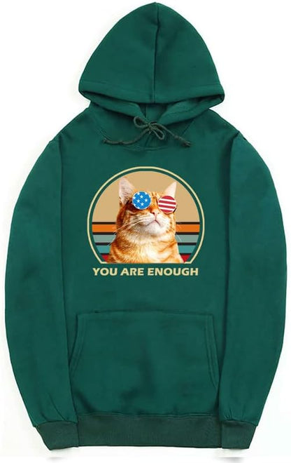 CORIRESHA You are Enough Teen Cute Hoodie Casual Long Sleeve Drawstring Cotton Cat Lovers Sweatshirts