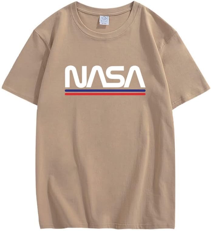 CORIRESHA Teen NASA Letter Print Casual Crew Neck Short Sleeve Basic Cotton T-Shirt