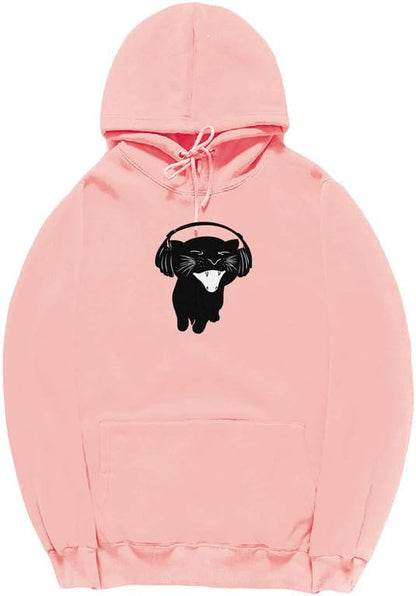 CORIRESHA Cute Cat Headphones Music Long Sleeve Drawstring Kangaroo Pocket Hoodie Sweatshirt