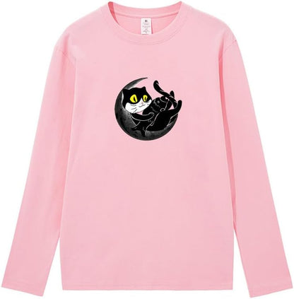 CORIRESHA Teen Fall Funny Cat Moon Crew Neck Long Sleeve Cotton T-Shirt