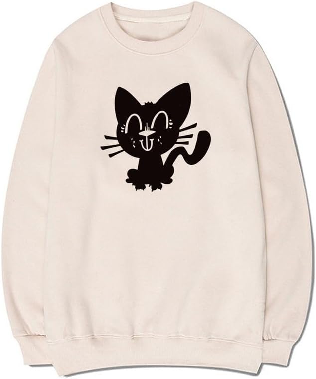 CORIRESHA Funny Black Cat Sweatshirt Crewneck Long Sleeve Cotton Basic Pullover