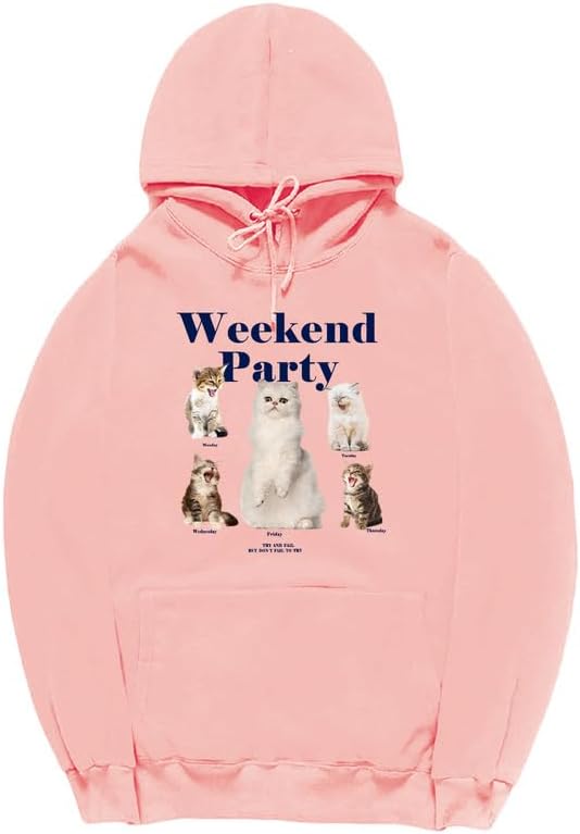CORIRESHA Unisex Cat Lover Cute Hoodie Casual Long Sleeve Drawstring Basic Letter Sweatshirt