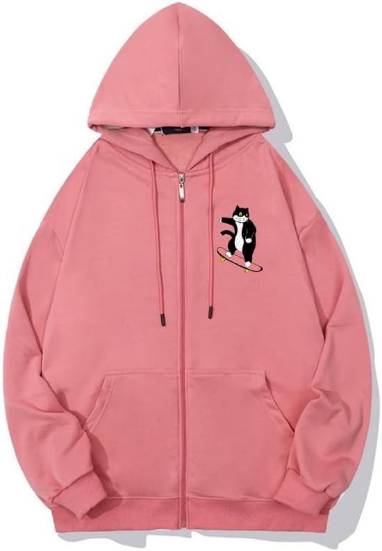 CORIRESHA Unisex Cat Lover Zipper Hoodie Casual Long Sleeve Cute Skateboard Sweatshirt