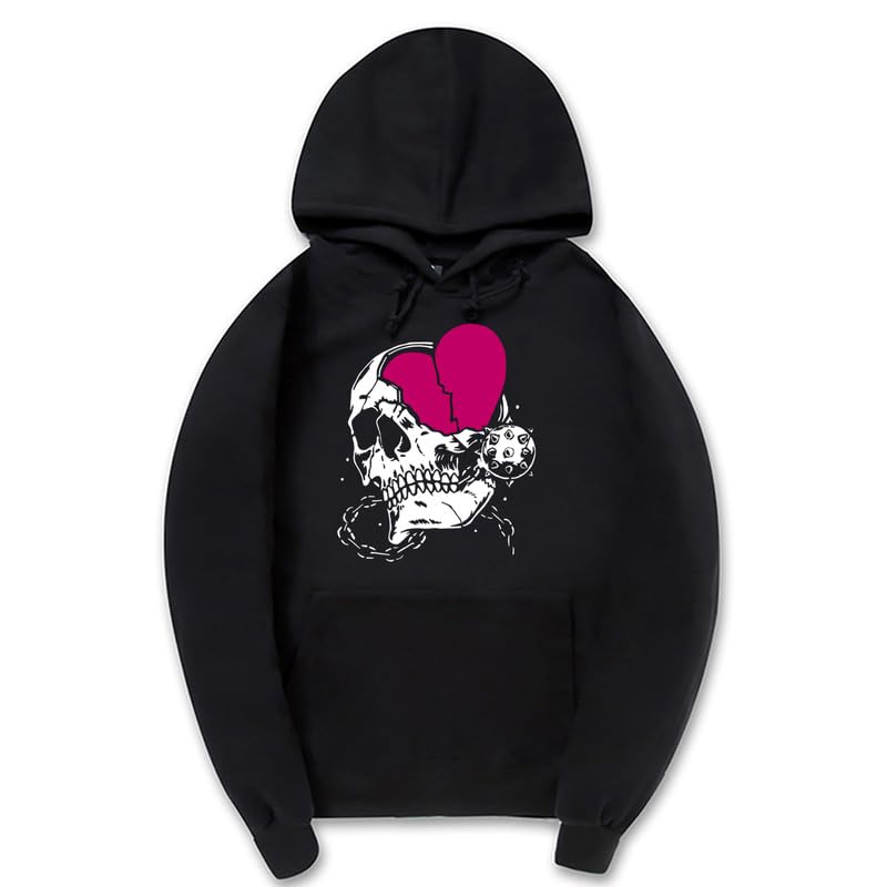 CORIRESHA - Sudadera con capucha para mujer, diseño de corazón, manga larga, con cordón, informal, básica, con diseño de calavera