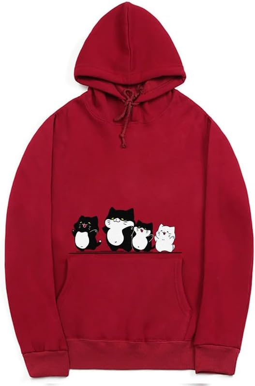 CORIRESHA Cute Cat Hoodie Drawstring Long Sleeve Kangaroo Pocket Simple Sweatshirt