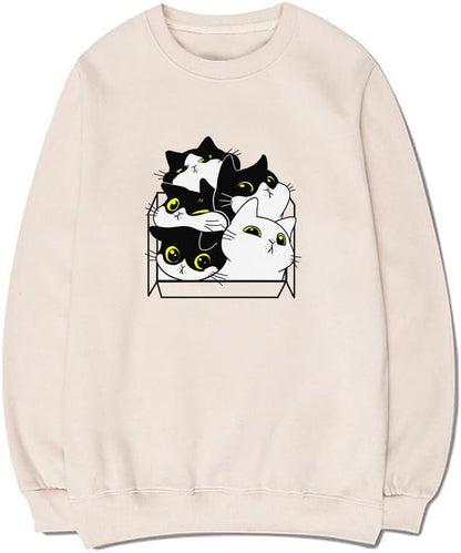 CORIRESHA Unisex Cute Cat Box Crew Neck Long Sleeve Soft Cotton Sweatshirt