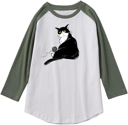 CORIRESHA Camiseta de gato lindo para hombre, mangas raglán, cuello redondo, dobladillo curvado, tops casuales