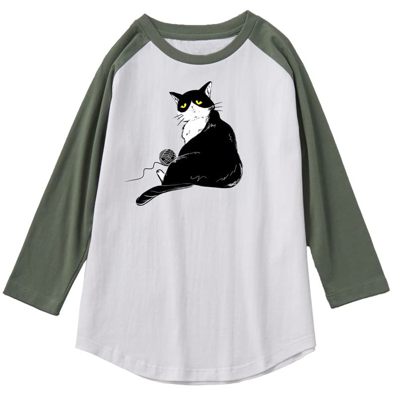 CORIRESHA Camiseta de gato lindo para hombre, mangas raglán, cuello redondo, dobladillo curvado, tops casuales